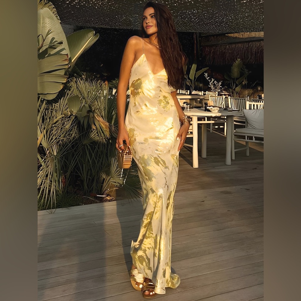 Commense Metallic Print V-Neck Backless Slip Long Dress